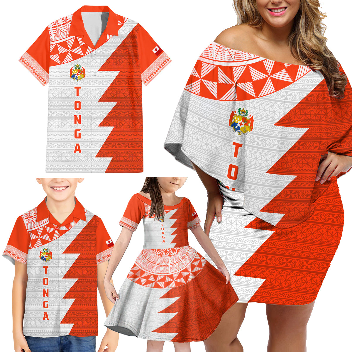 Custom Tonga Rugby Family Matching Off Shoulder Short Dress and Hawaiian Shirt Ikale Tahi Ngatu Tribal Pattern Half Style LT03