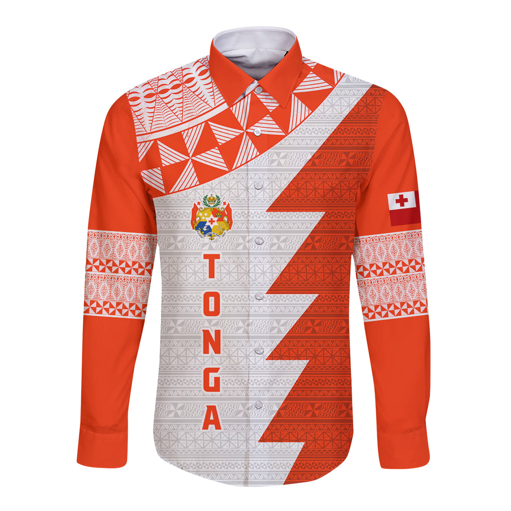 Custom Tonga Rugby Long Sleeve Button Shirt Ikale Tahi Ngatu Tribal Pattern Half Style LT03