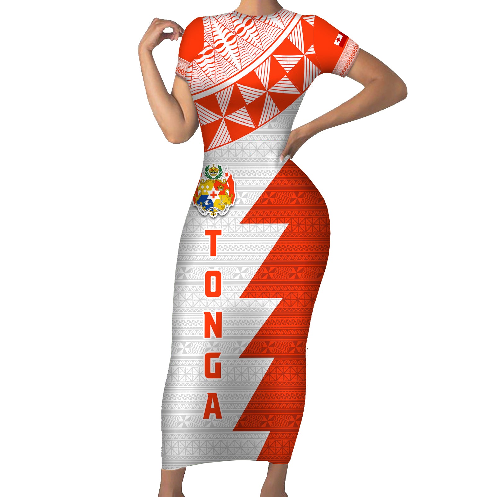 Custom Tonga Rugby Short Sleeve Bodycon Dress Ikale Tahi Ngatu Tribal Pattern Half Style LT03