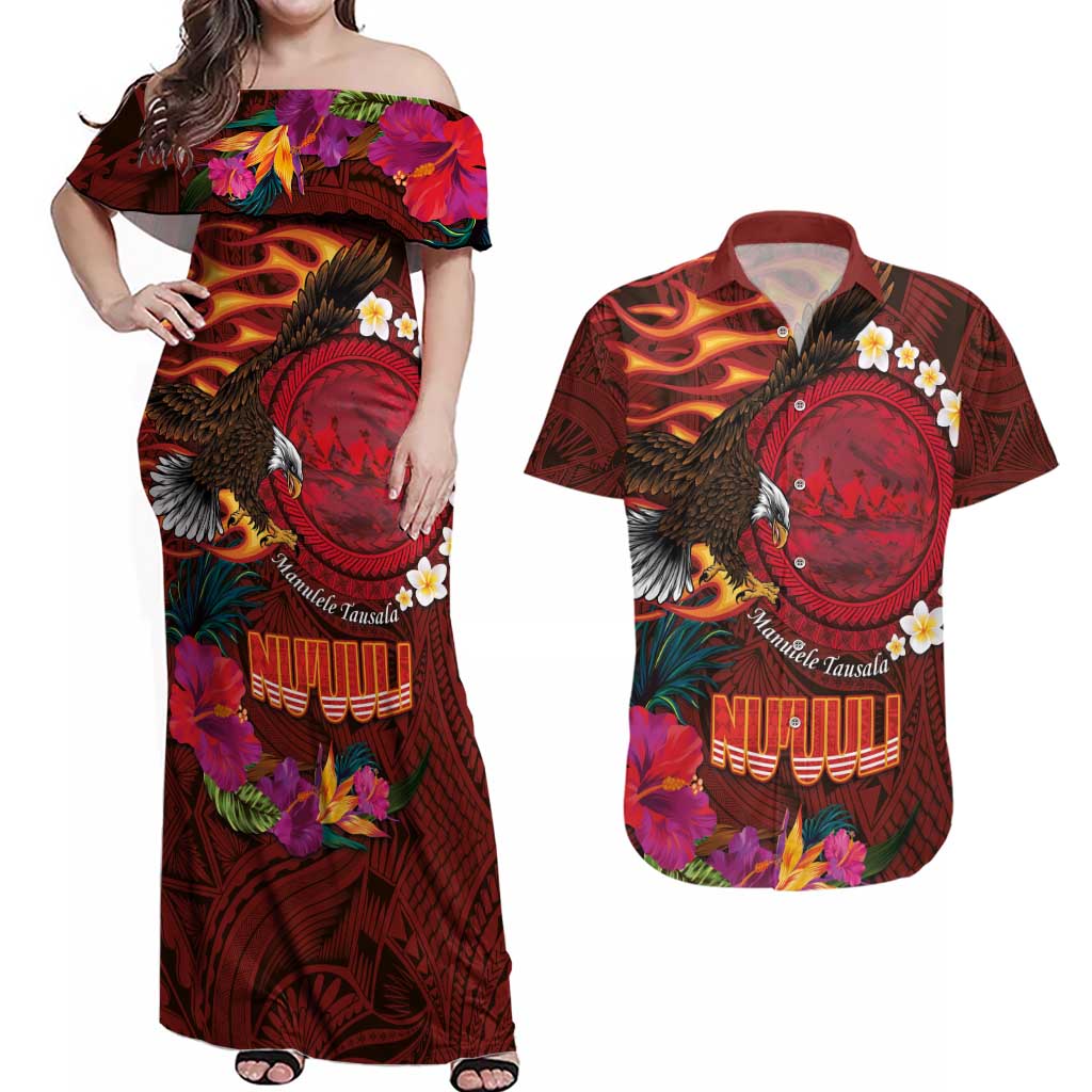 American Samoa Manulele Tausala Nu'uuli Couples Matching Off Shoulder Maxi Dress and Hawaiian Shirt Tatau Art Pattern with Tropical Plants