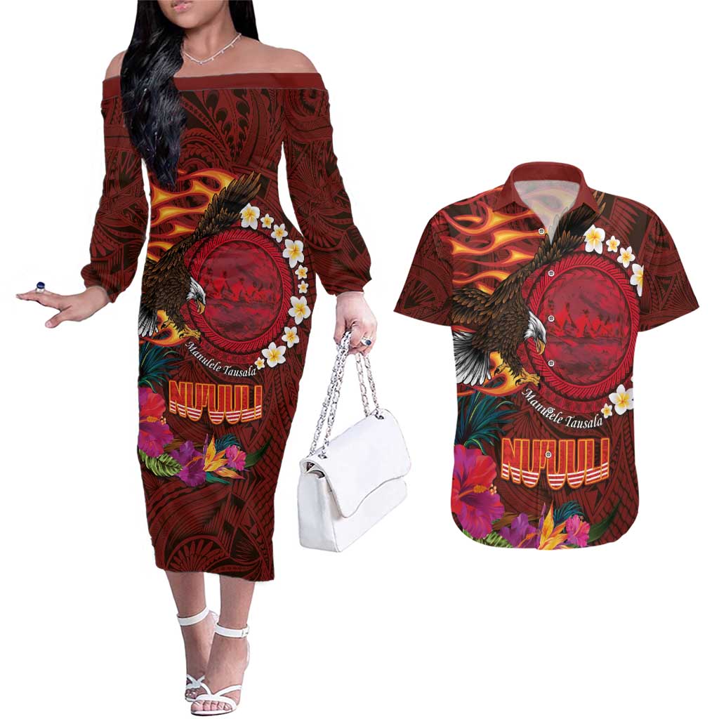 American Samoa Manulele Tausala Nu'uuli Couples Matching Off The Shoulder Long Sleeve Dress and Hawaiian Shirt Tatau Art Pattern with Tropical Plants