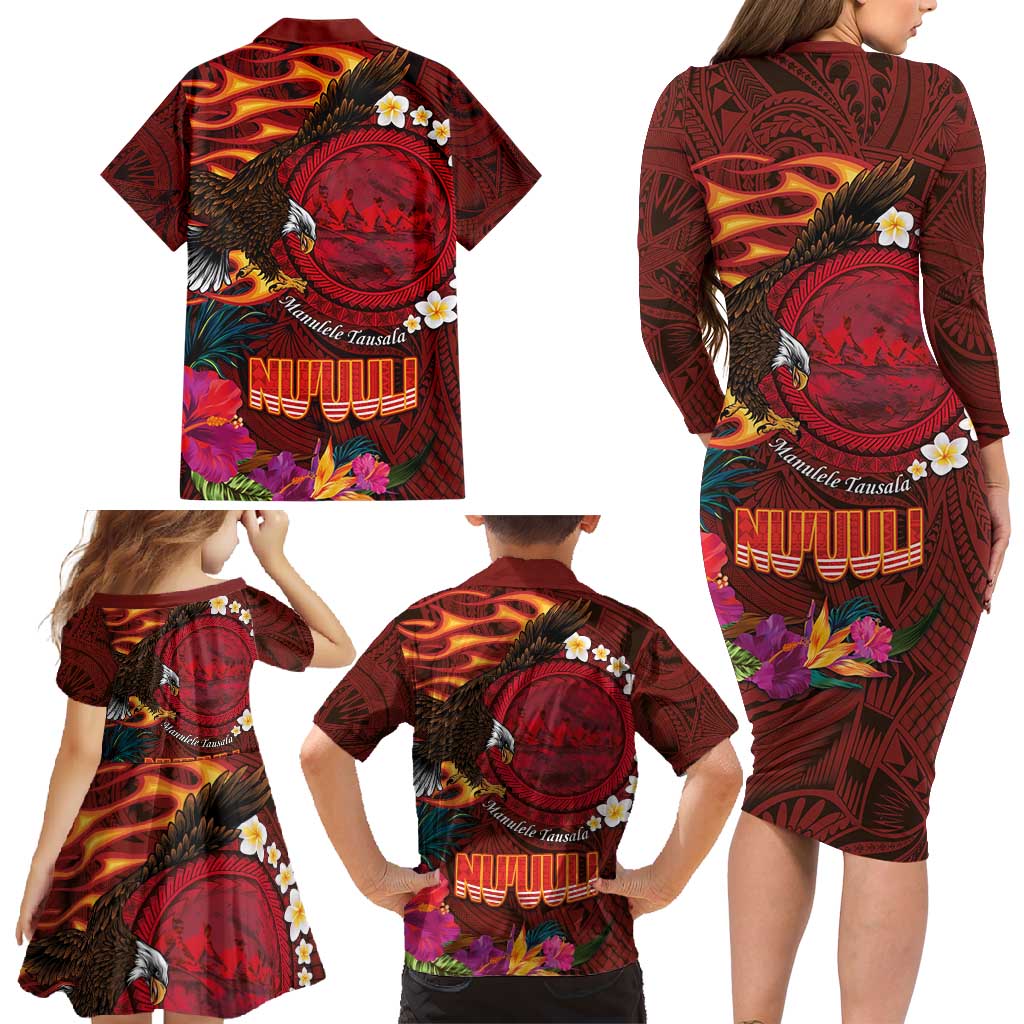 American Samoa Manulele Tausala Nu'uuli Family Matching Long Sleeve Bodycon Dress and Hawaiian Shirt Tatau Art Pattern with Tropical Plants