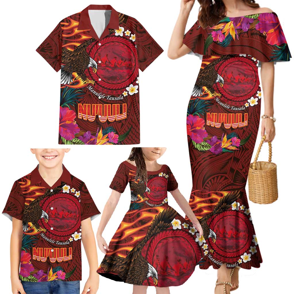 American Samoa Manulele Tausala Nu'uuli Family Matching Mermaid Dress and Hawaiian Shirt Tatau Art Pattern with Tropical Plants