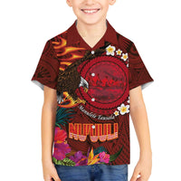 American Samoa Manulele Tausala Nu'uuli Family Matching Off The Shoulder Long Sleeve Dress and Hawaiian Shirt Tatau Art Pattern with Tropical Plants