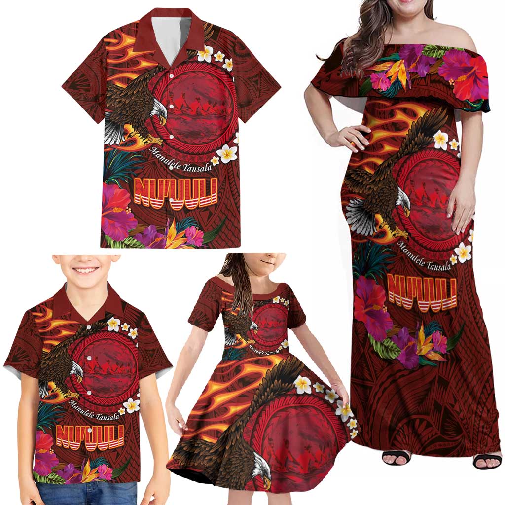 American Samoa Manulele Tausala Nu'uuli Family Matching Off Shoulder Maxi Dress and Hawaiian Shirt Tatau Art Pattern with Tropical Plants