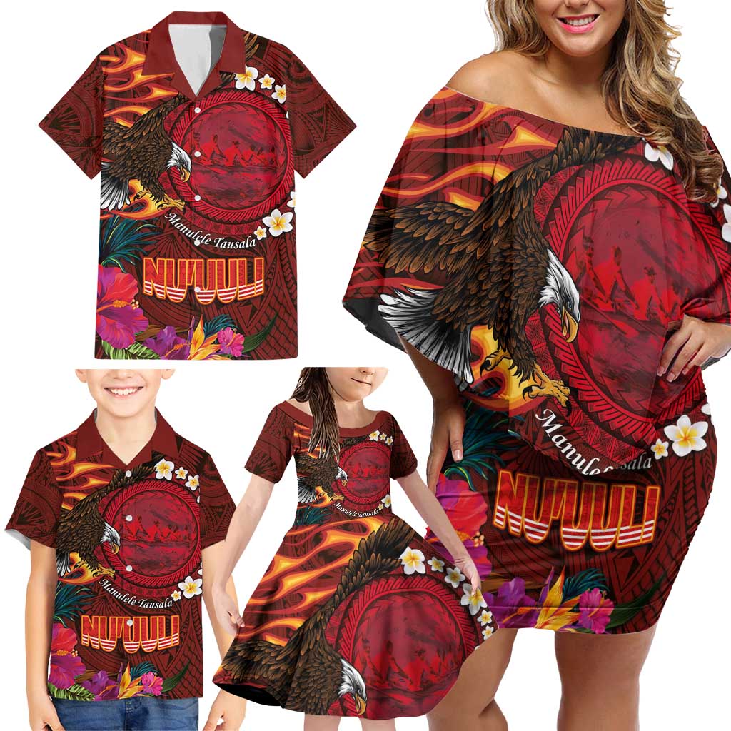 American Samoa Manulele Tausala Nu'uuli Family Matching Off Shoulder Short Dress and Hawaiian Shirt Tatau Art Pattern with Tropical Plants