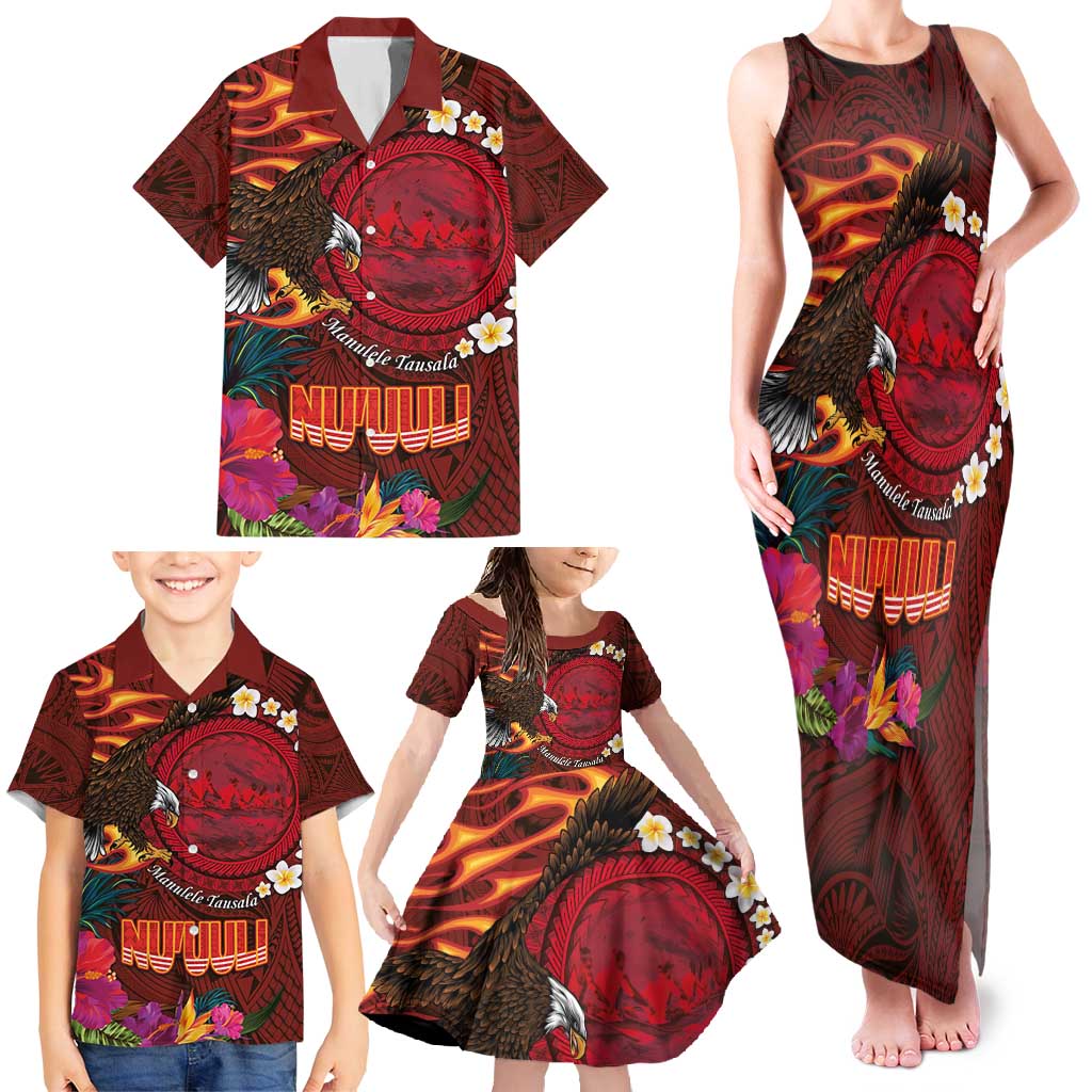 American Samoa Manulele Tausala Nu'uuli Family Matching Tank Maxi Dress and Hawaiian Shirt Tatau Art Pattern with Tropical Plants