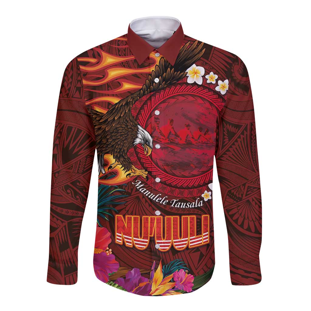 American Samoa Manulele Tausala Nu'uuli Long Sleeve Button Shirt Tatau Art Pattern with Tropical Plants