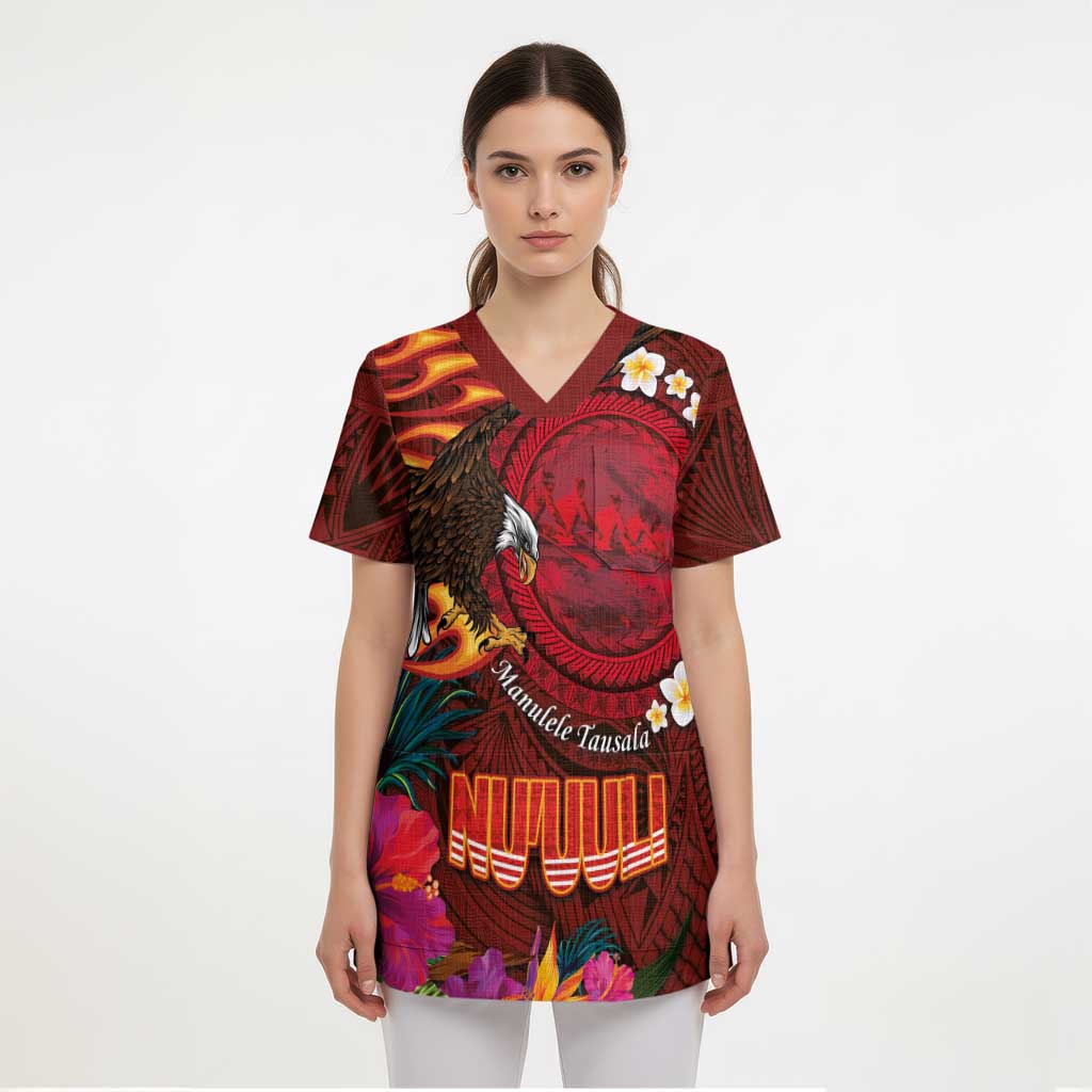 American Samoa Manulele Tausala Nu'uuli Scrub Top Tatau Art Pattern with Tropical Plants LT03 - Polynesian Pride