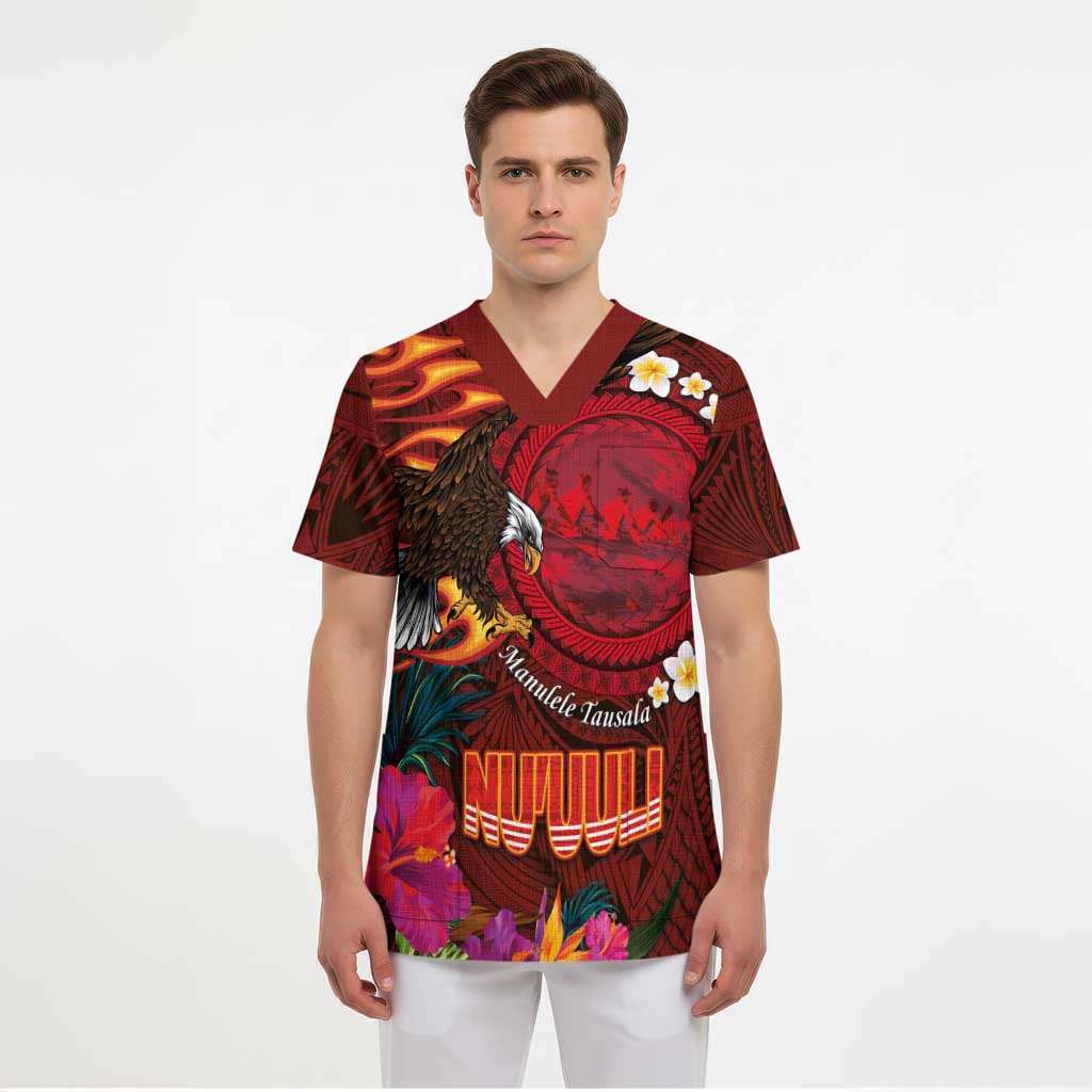 American Samoa Manulele Tausala Nu'uuli Scrub Top Tatau Art Pattern with Tropical Plants LT03 - Polynesian Pride