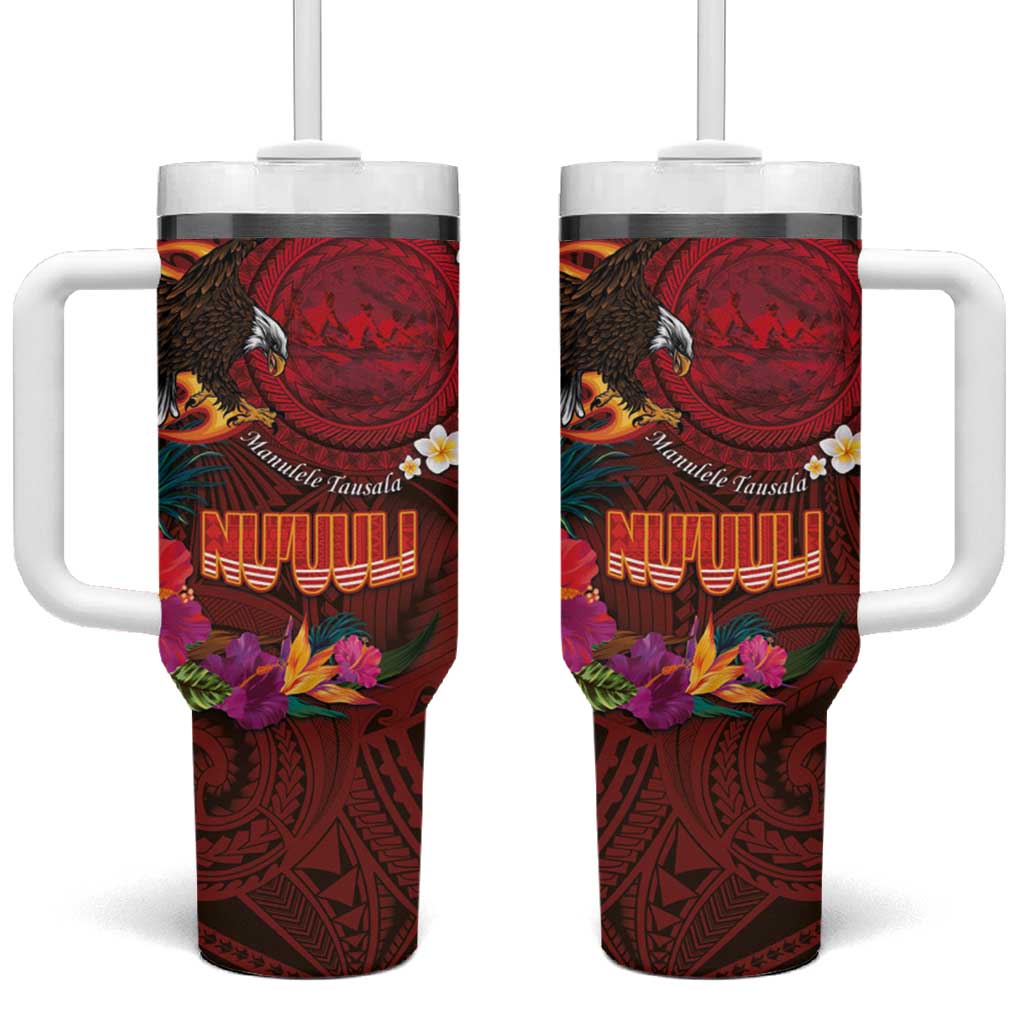 American Samoa Manulele Tausala Nu'uuli Tumbler With Handle Tatau Art Pattern with Tropical Plants