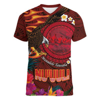 American Samoa Manulele Tausala Nu'uuli Women V-Neck T-Shirt Tatau Art Pattern with Tropical Plants