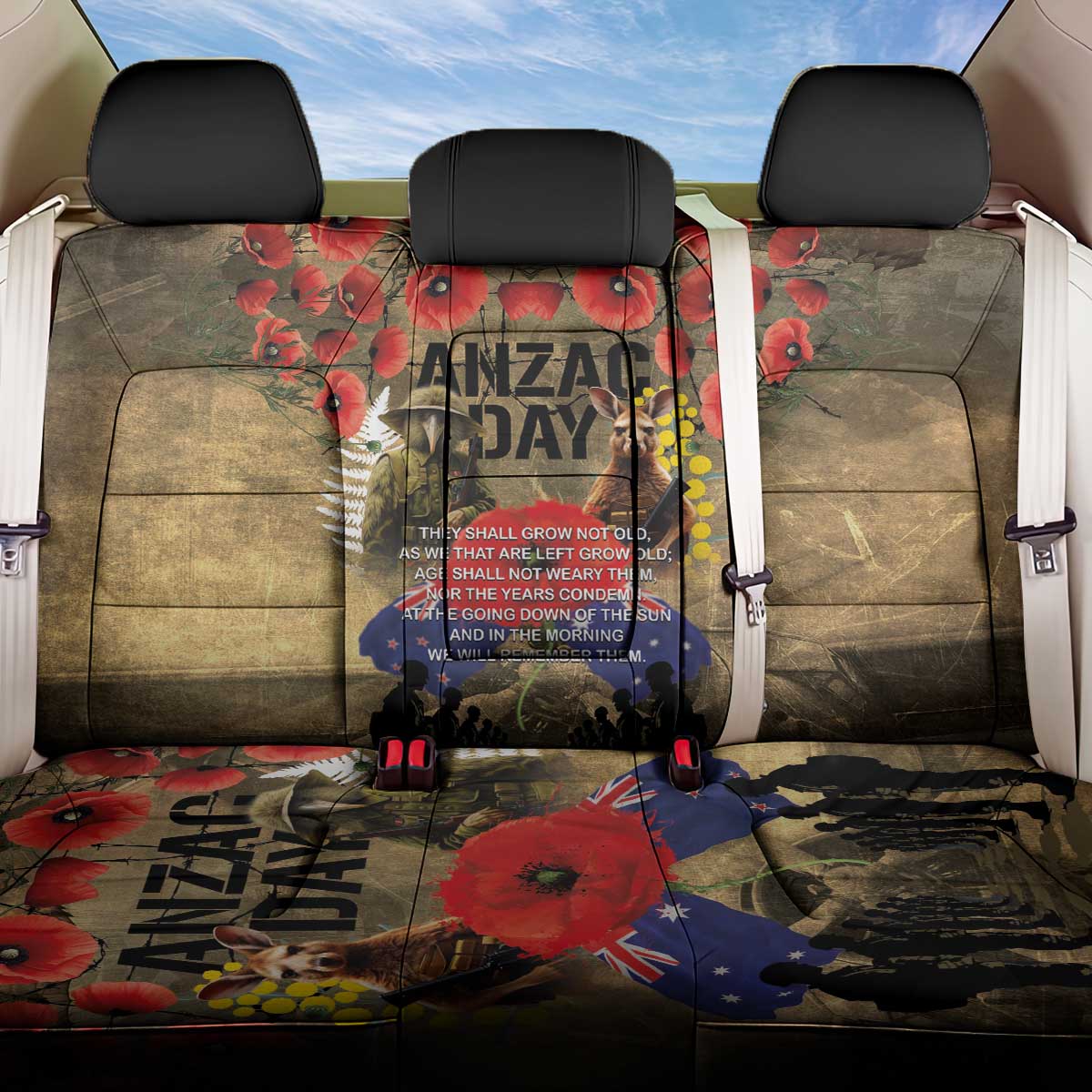 Australia and New Zealand ANZAC Day Back Car Seat Cover Kangaroo and Kiwi Bird Soldier-Honor and Remember Vintage Style