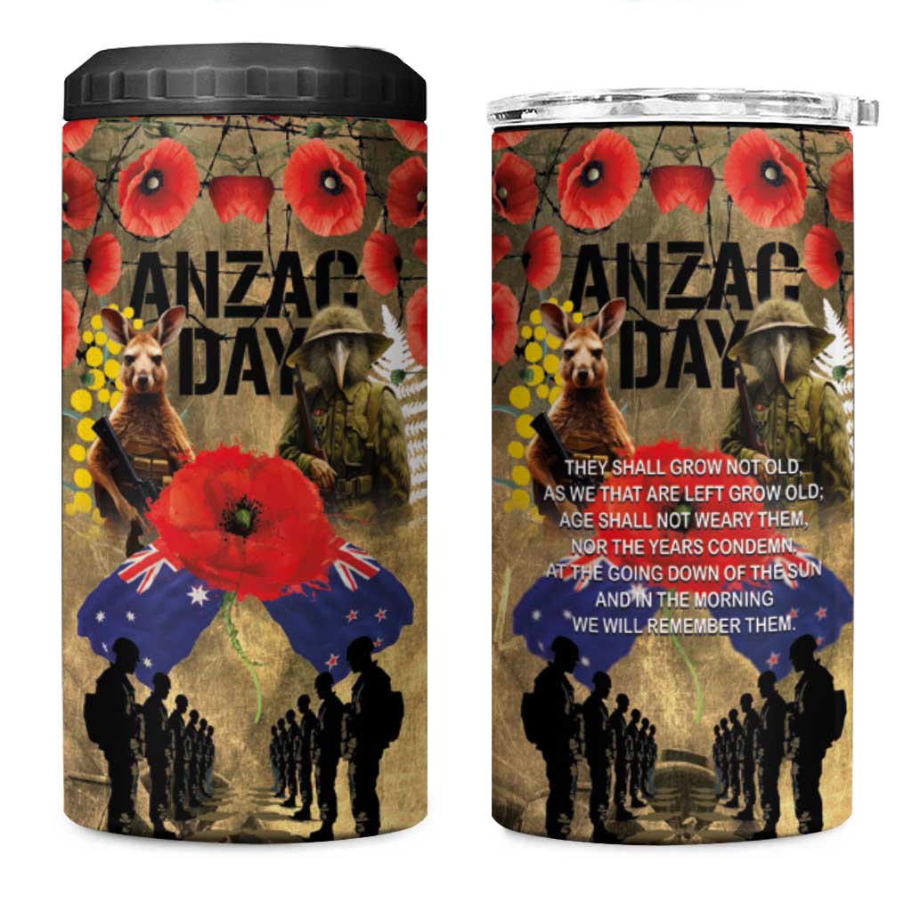 Australia and New Zealand ANZAC Day 4 in 1 Can Cooler Tumbler Kangaroo and Kiwi Bird Soldier-Honor and Remember Vintage Style