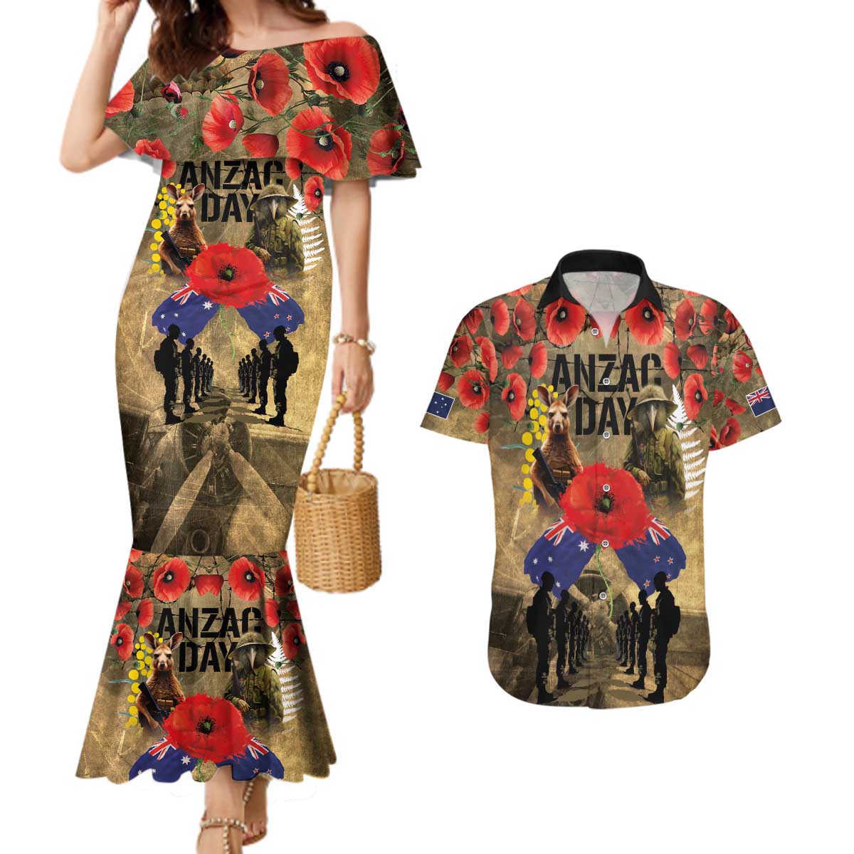 Australia and New Zealand ANZAC Day Couples Matching Mermaid Dress and Hawaiian Shirt Kangaroo and Kiwi Bird Soldier-Honor and Remember Vintage Style