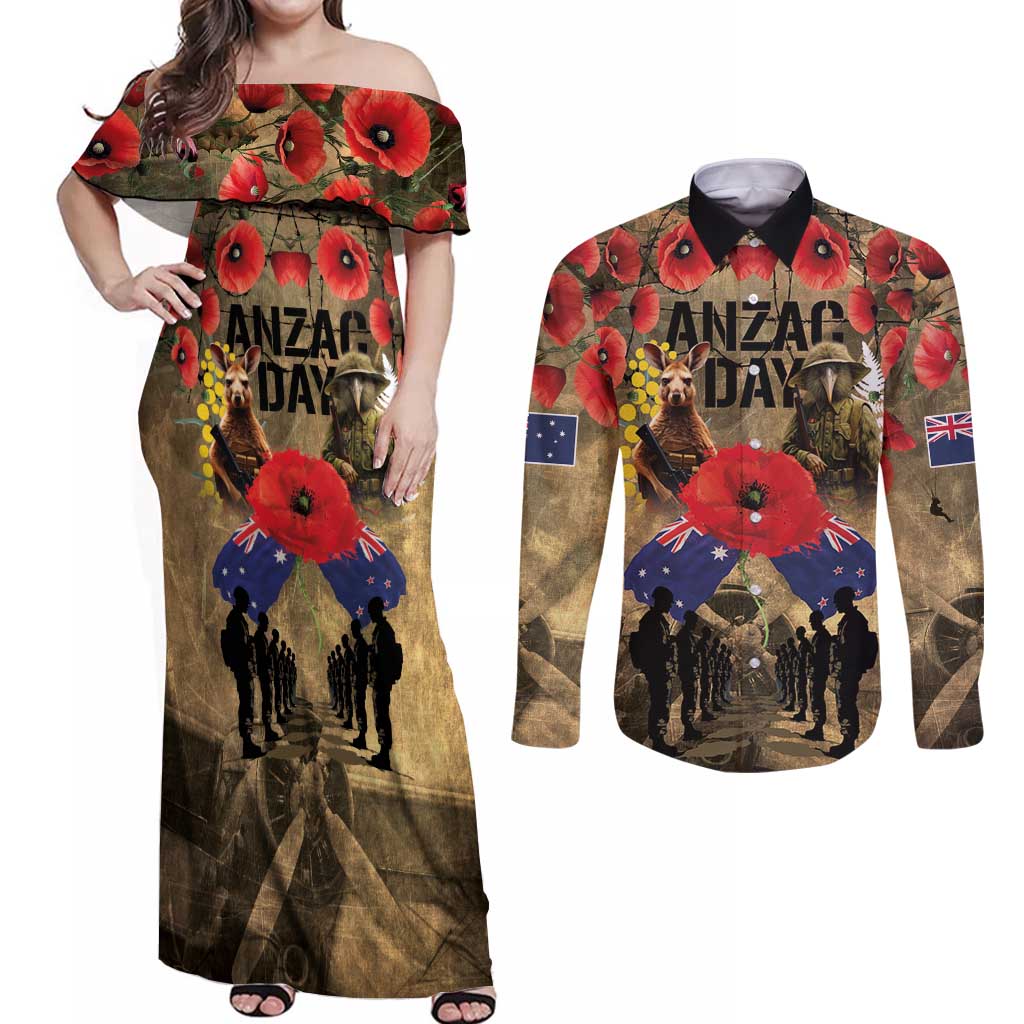 Australia and New Zealand ANZAC Day Couples Matching Off Shoulder Maxi Dress and Long Sleeve Button Shirt Kangaroo and Kiwi Bird Soldier-Honor and Remember Vintage Style