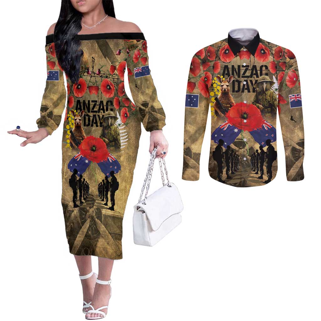 Australia and New Zealand ANZAC Day Couples Matching Off The Shoulder Long Sleeve Dress and Long Sleeve Button Shirt Kangaroo and Kiwi Bird Soldier-Honor and Remember Vintage Style