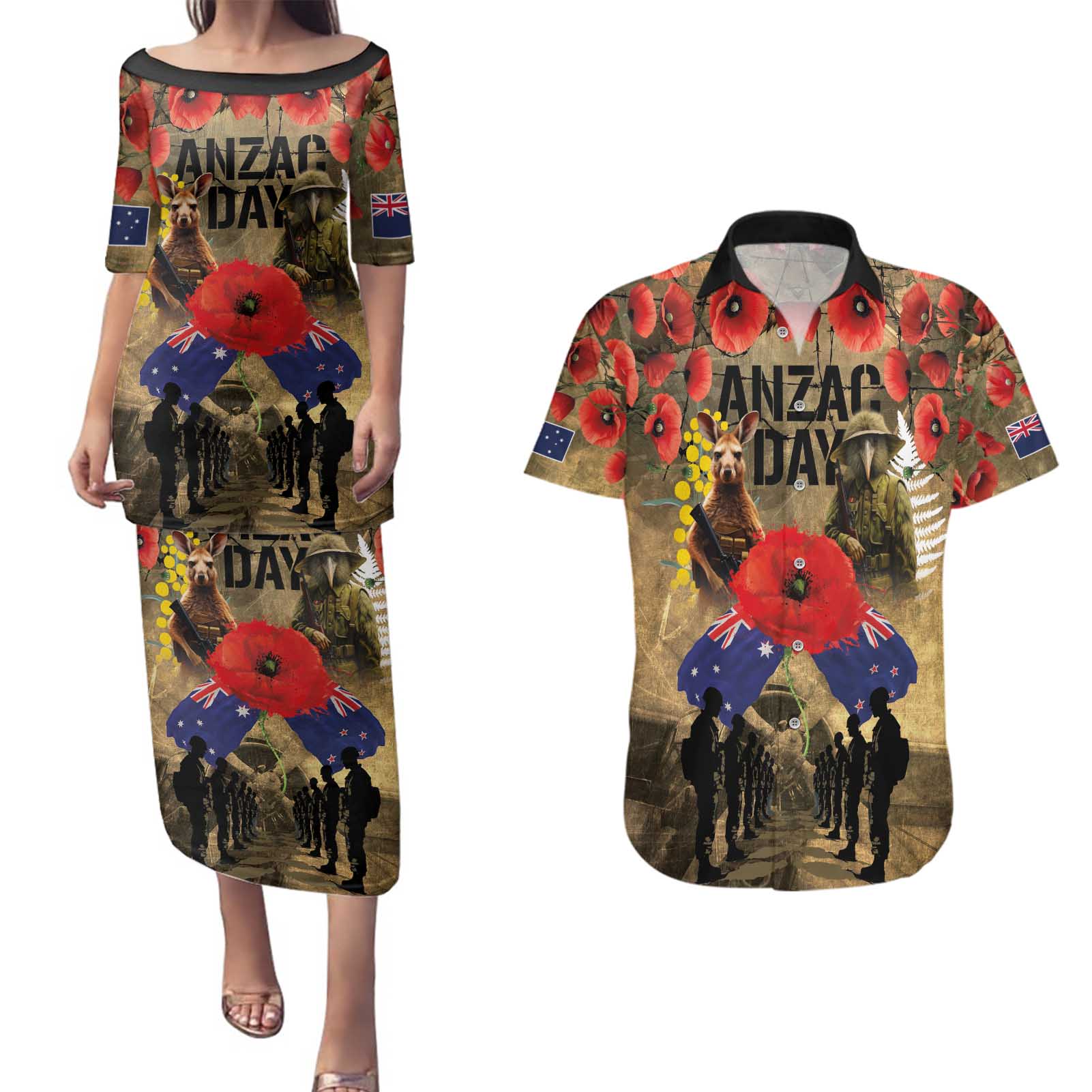 Australia and New Zealand ANZAC Day Couples Matching Puletasi and Hawaiian Shirt Kangaroo and Kiwi Bird Soldier-Honor and Remember Vintage Style