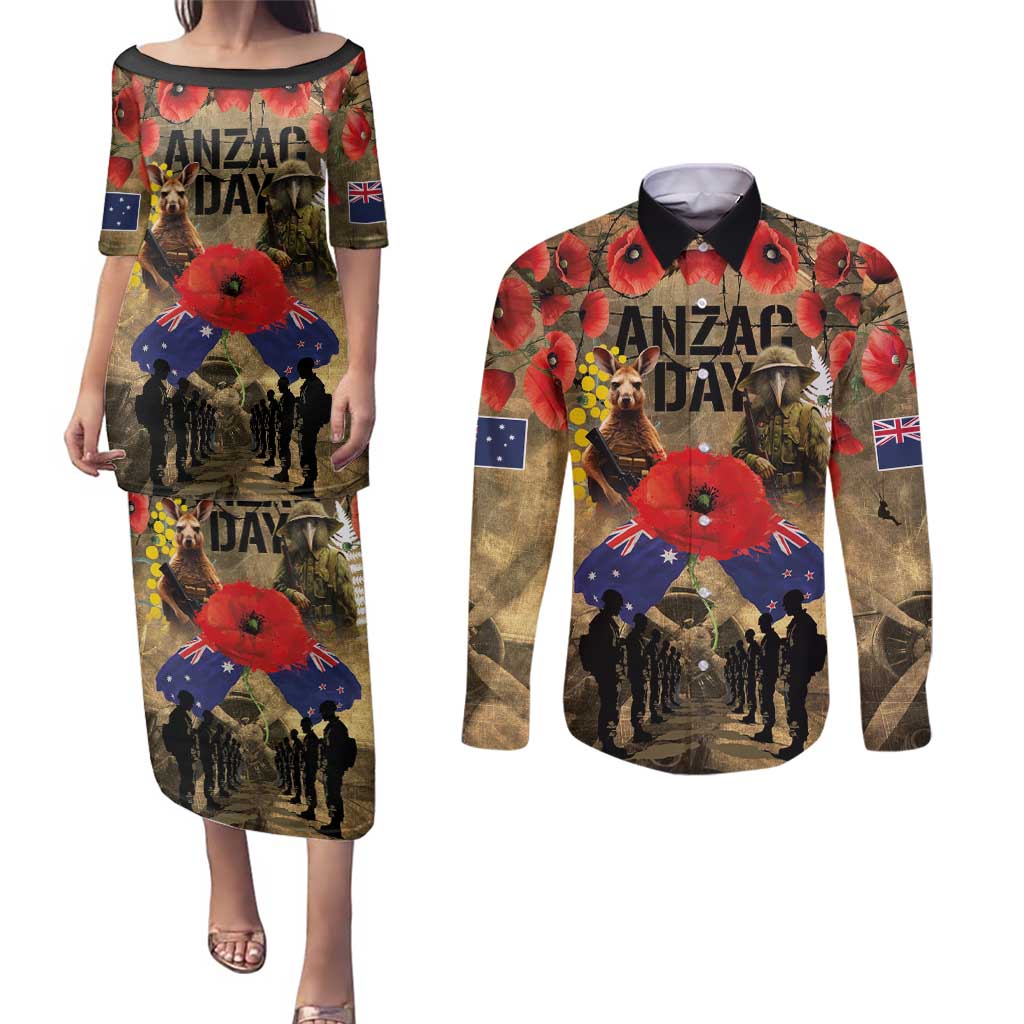 Australia and New Zealand ANZAC Day Couples Matching Puletasi and Long Sleeve Button Shirt Kangaroo and Kiwi Bird Soldier-Honor and Remember Vintage Style