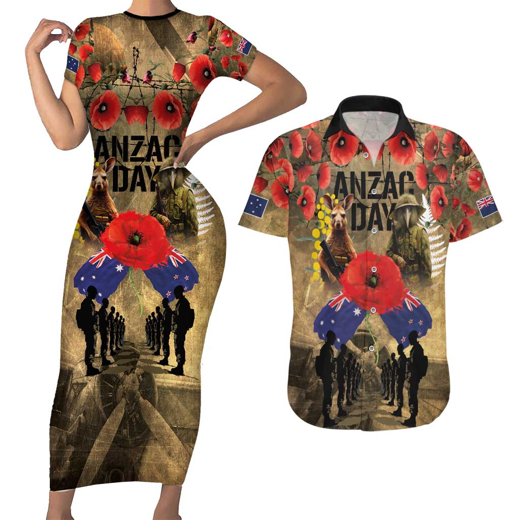 Australia and New Zealand ANZAC Day Couples Matching Short Sleeve Bodycon Dress and Hawaiian Shirt Kangaroo and Kiwi Bird Soldier-Honor and Remember Vintage Style