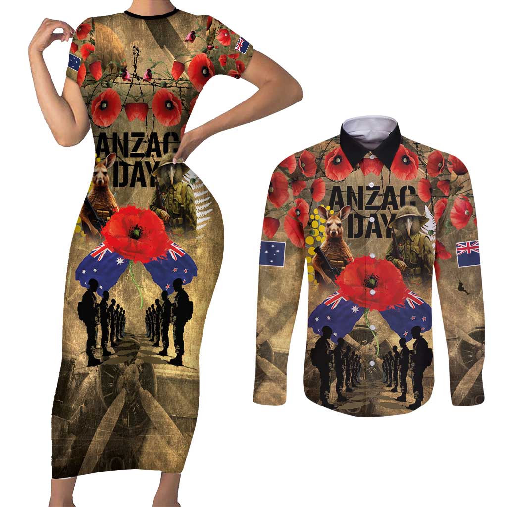 Australia and New Zealand ANZAC Day Couples Matching Short Sleeve Bodycon Dress and Long Sleeve Button Shirt Kangaroo and Kiwi Bird Soldier-Honor and Remember Vintage Style