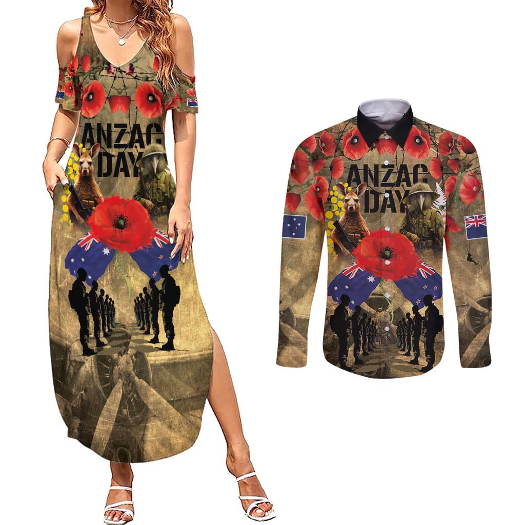 Australia and New Zealand ANZAC Day Couples Matching Summer Maxi Dress and Long Sleeve Button Shirt Kangaroo and Kiwi Bird Soldier-Honor and Remember Vintage Style