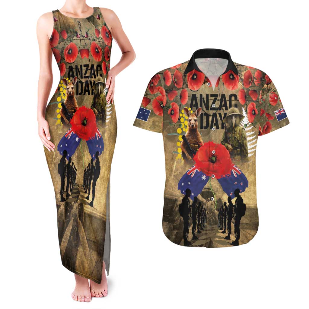 Australia and New Zealand ANZAC Day Couples Matching Tank Maxi Dress and Hawaiian Shirt Kangaroo and Kiwi Bird Soldier-Honor and Remember Vintage Style