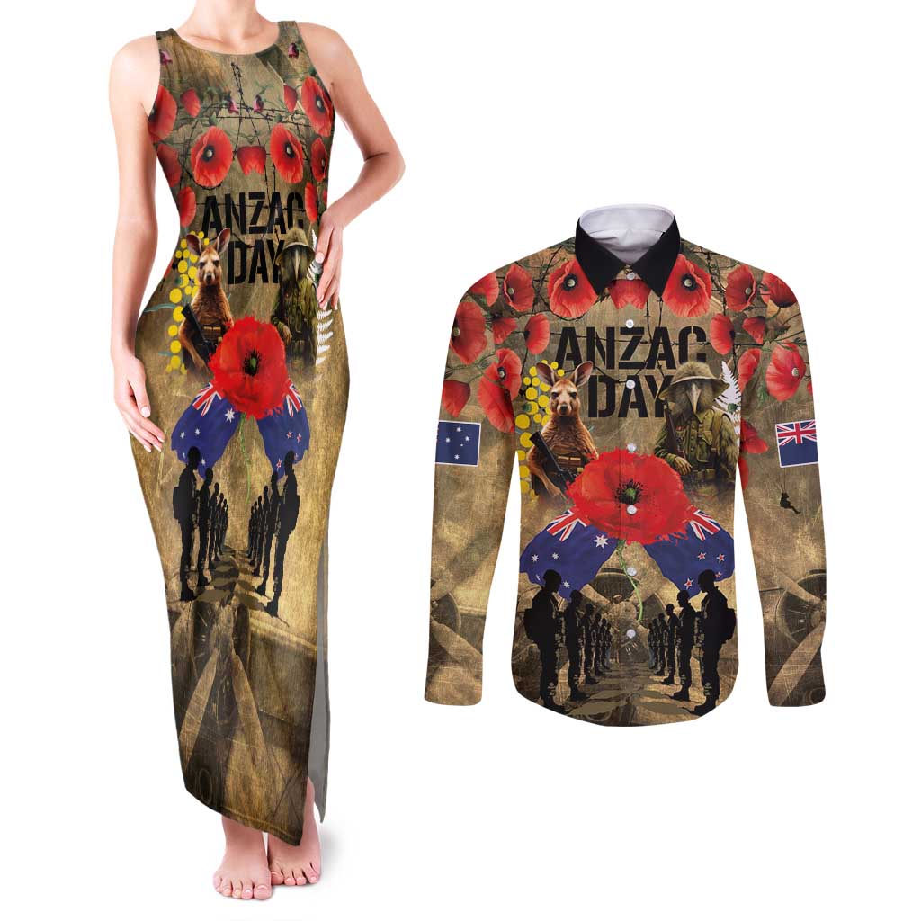 Australia and New Zealand ANZAC Day Couples Matching Tank Maxi Dress and Long Sleeve Button Shirt Kangaroo and Kiwi Bird Soldier-Honor and Remember Vintage Style