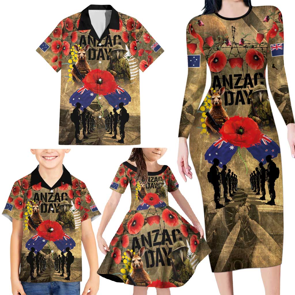 Australia and New Zealand ANZAC Day Family Matching Long Sleeve Bodycon Dress and Hawaiian Shirt Kangaroo and Kiwi Bird Soldier-Honor and Remember Vintage Style