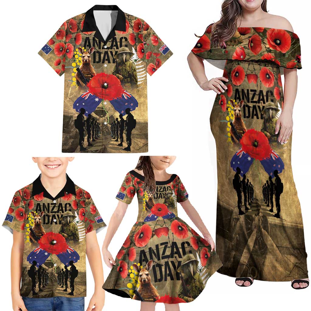 Australia and New Zealand ANZAC Day Family Matching Off Shoulder Maxi Dress and Hawaiian Shirt Kangaroo and Kiwi Bird Soldier-Honor and Remember Vintage Style