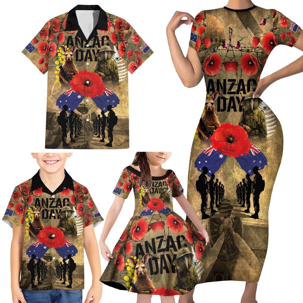 Australia and New Zealand ANZAC Day Family Matching Short Sleeve Bodycon Dress and Hawaiian Shirt Kangaroo and Kiwi Bird Soldier-Honor and Remember Vintage Style