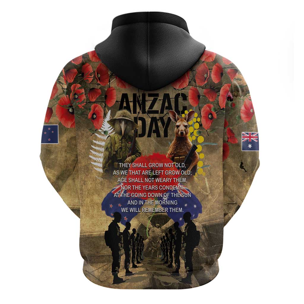 Australia and New Zealand ANZAC Day Hoodie Kangaroo and Kiwi Bird Soldier-Honor and Remember Vintage Style