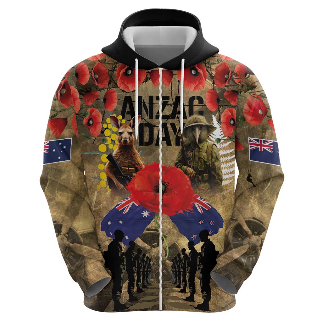Australia and New Zealand ANZAC Day Hoodie Kangaroo and Kiwi Bird Soldier-Honor and Remember Vintage Style