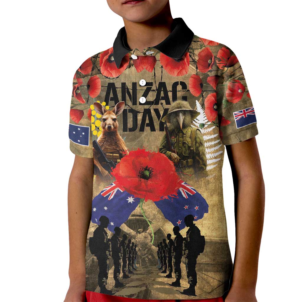 Australia and New Zealand ANZAC Day Kid Polo Shirt Kangaroo and Kiwi Bird Soldier-Honor and Remember Vintage Style