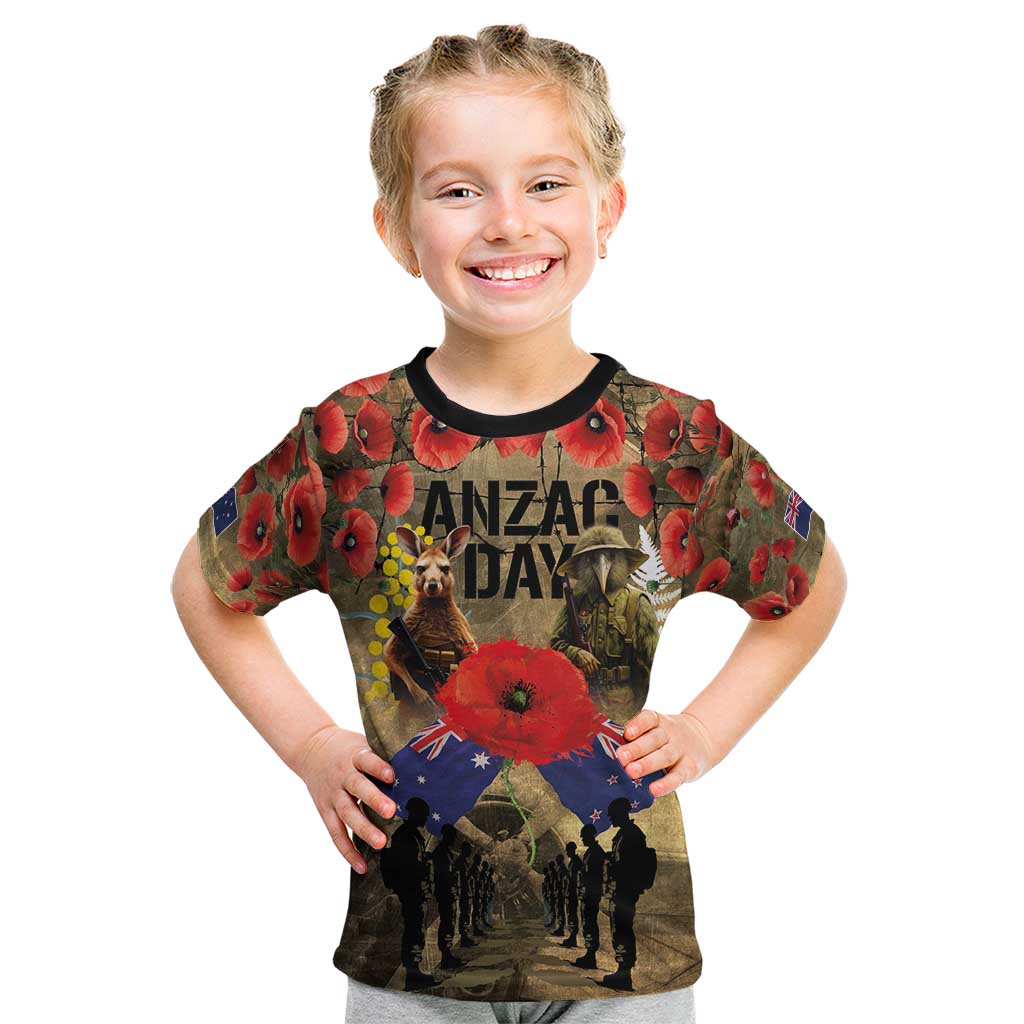 Australia and New Zealand ANZAC Day Kid T Shirt Kangaroo and Kiwi Bird Soldier-Honor and Remember Vintage Style