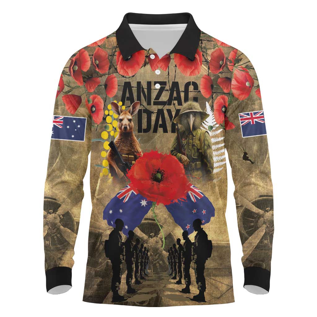 Australia and New Zealand ANZAC Day Long Sleeve Polo Shirt Kangaroo and Kiwi Bird Soldier-Honor and Remember Vintage Style