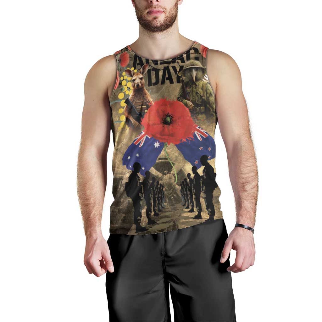 Australia and New Zealand ANZAC Day Men Tank Top Kangaroo and Kiwi Bird Soldier-Honor and Remember Vintage Style