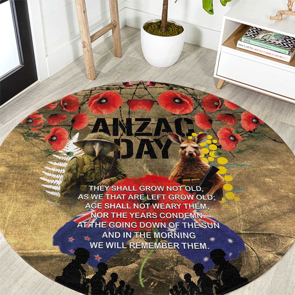 Australia and New Zealand ANZAC Day Round Carpet Kangaroo and Kiwi Bird Soldier-Honor and Remember Vintage Style