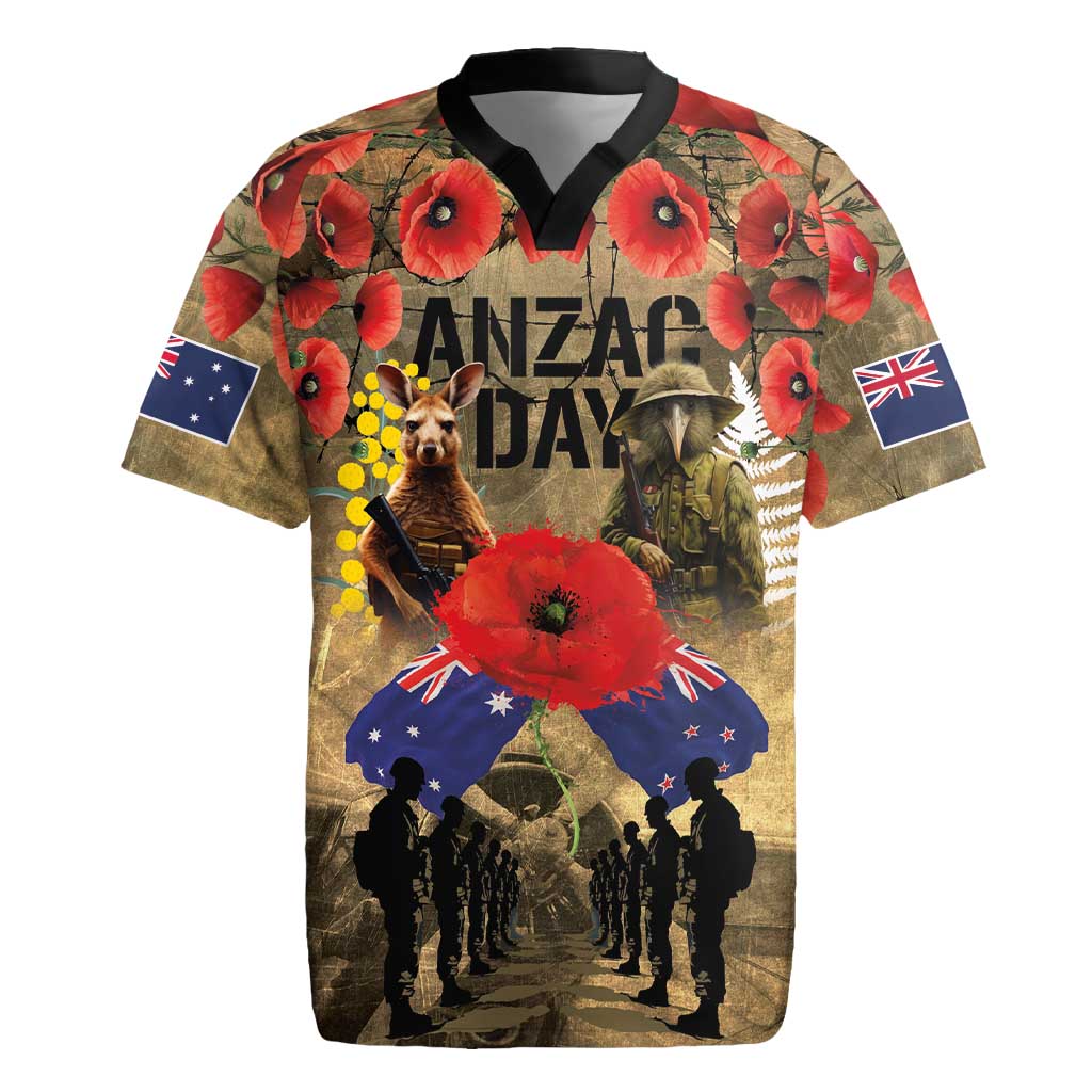 Australia and New Zealand ANZAC Day Rugby Jersey Kangaroo and Kiwi Bird Soldier-Honor and Remember Vintage Style