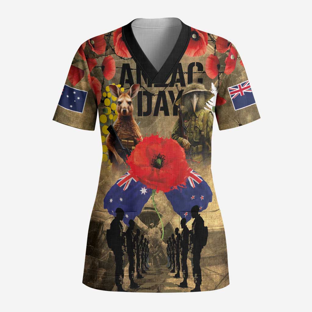 Australia and New Zealand ANZAC Day Scrub Top Kangaroo and Kiwi Bird Soldier-Honor and Remember Vintage Style - Polynesian Pride