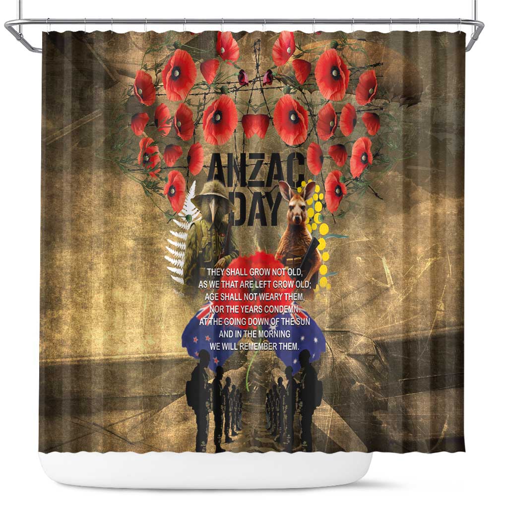 Australia and New Zealand ANZAC Day Shower Curtain Kangaroo and Kiwi Bird Soldier-Honor and Remember Vintage Style