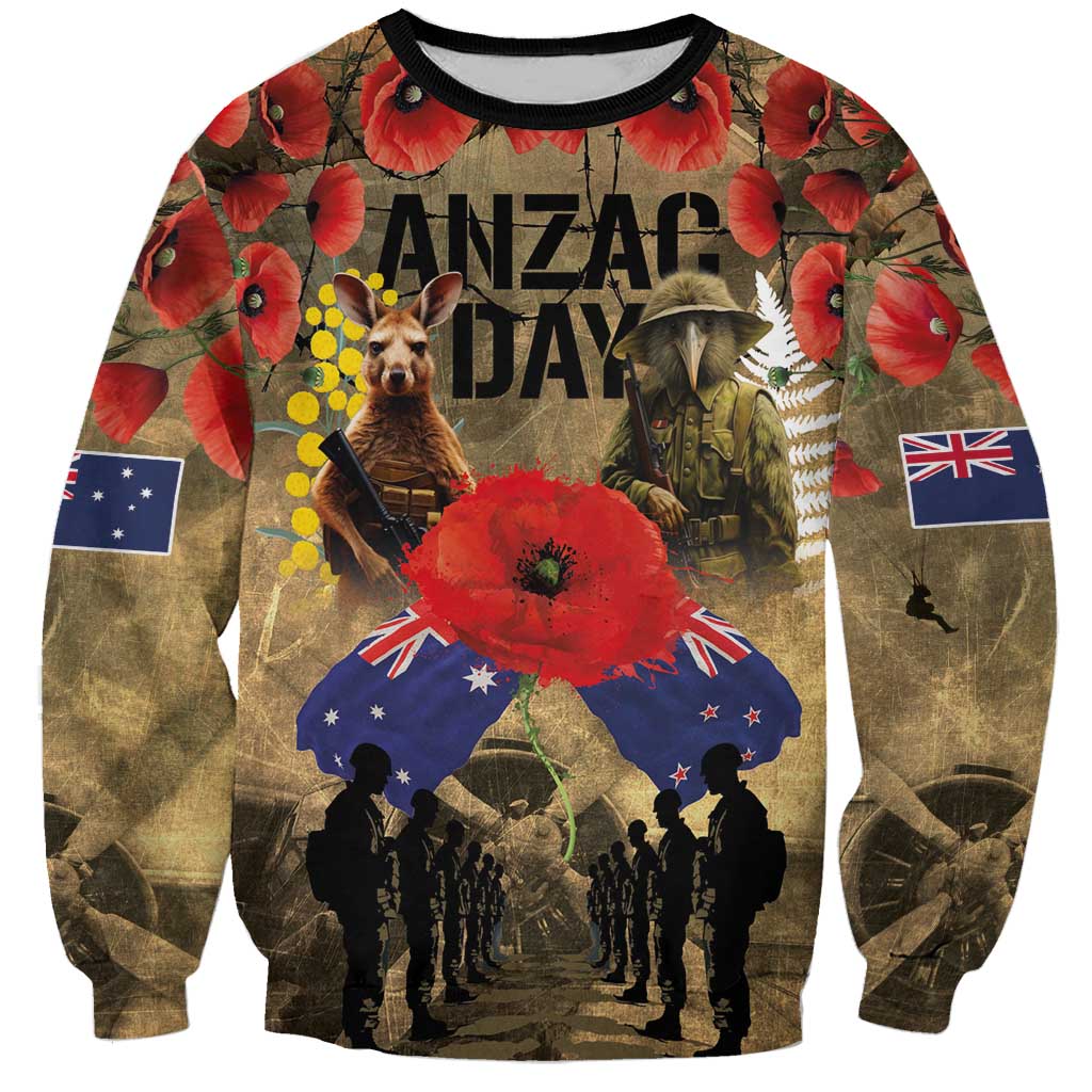Australia and New Zealand ANZAC Day Sweatshirt Kangaroo and Kiwi Bird Soldier-Honor and Remember Vintage Style