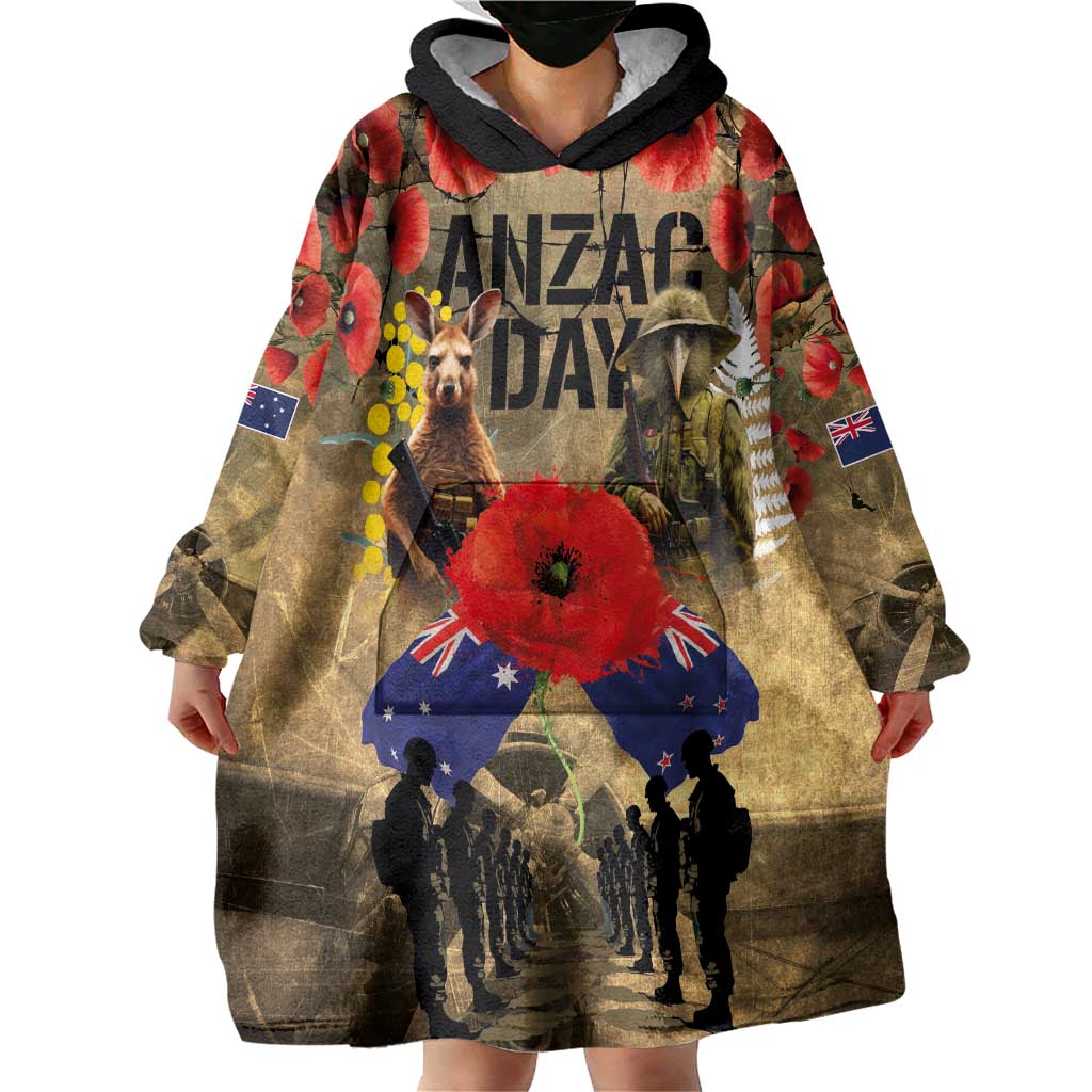 Australia and New Zealand ANZAC Day Wearable Blanket Hoodie Kangaroo and Kiwi Bird Soldier-Honor and Remember Vintage Style