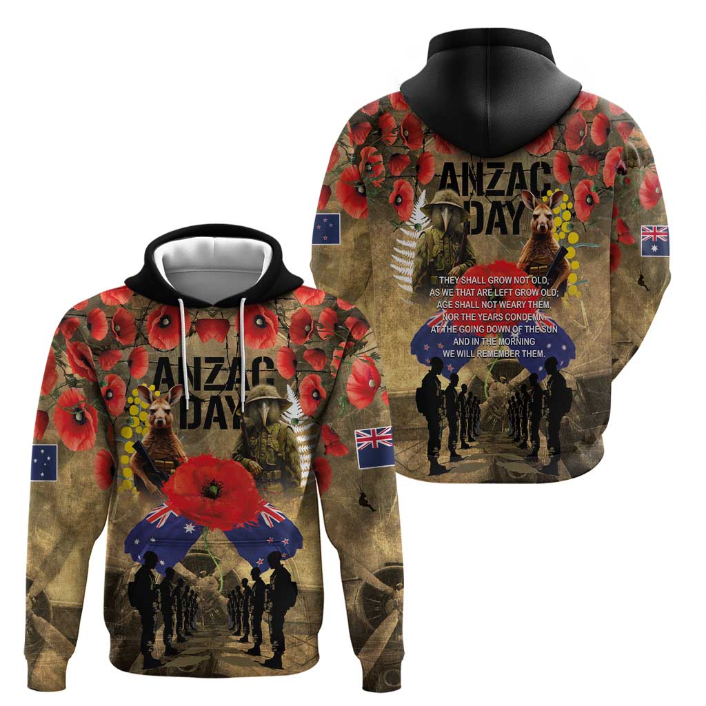 Australia and New Zealand ANZAC Day Zip Hoodie Kangaroo and Kiwi Bird Soldier-Honor and Remember Vintage Style