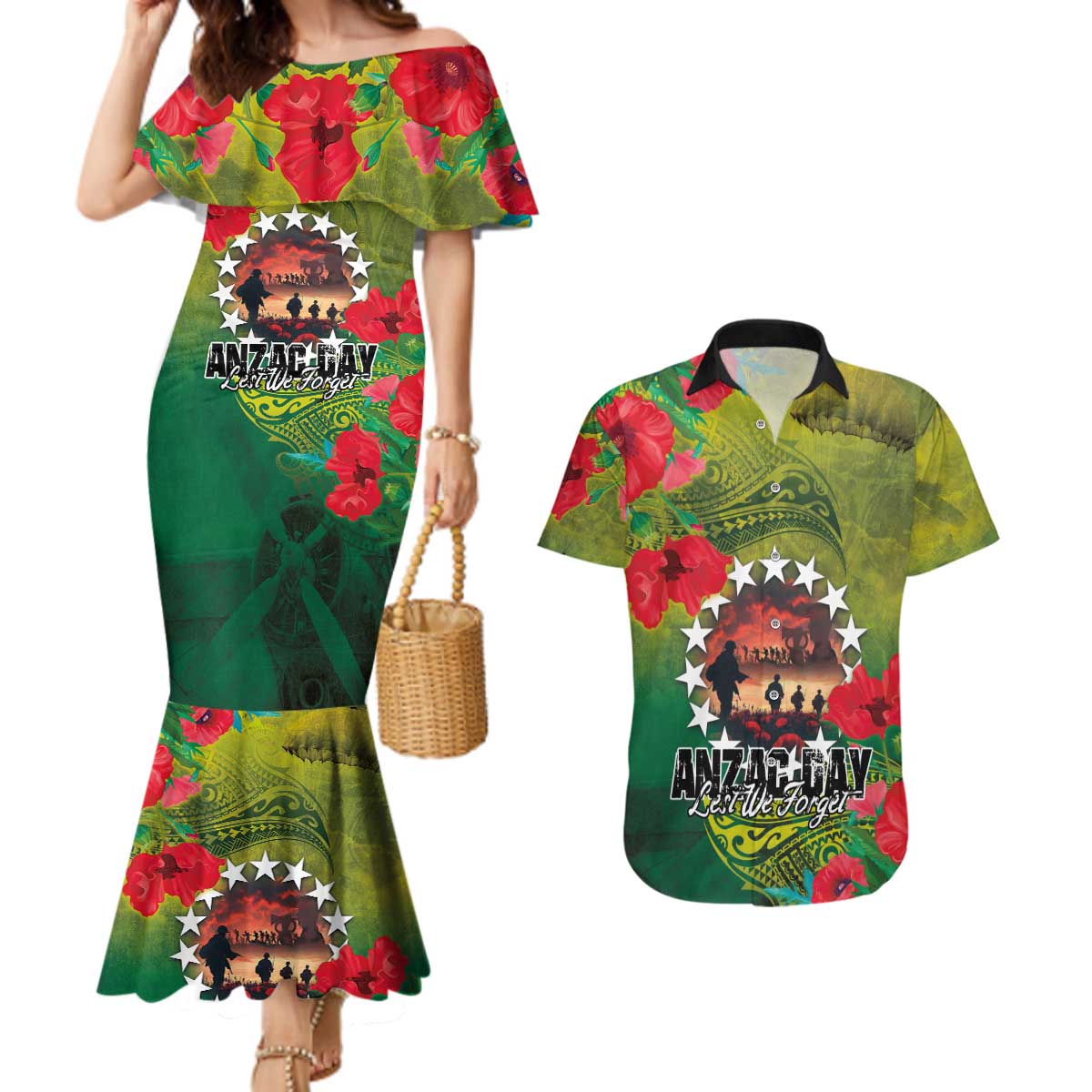 Cook Islands ANDAC Day Couples Matching Mermaid Dress and Hawaiian Shirt Honor and Remember Soliders-Forever in My Thoughts Grunge Style
