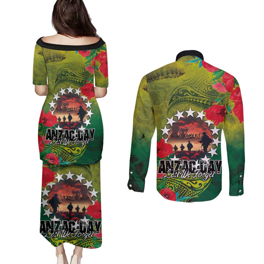 Cook Islands ANDAC Day Couples Matching Puletasi and Long Sleeve Button Shirt Honor and Remember Soliders-Forever in My Thoughts Grunge Style LT03 - Polynesian Pride