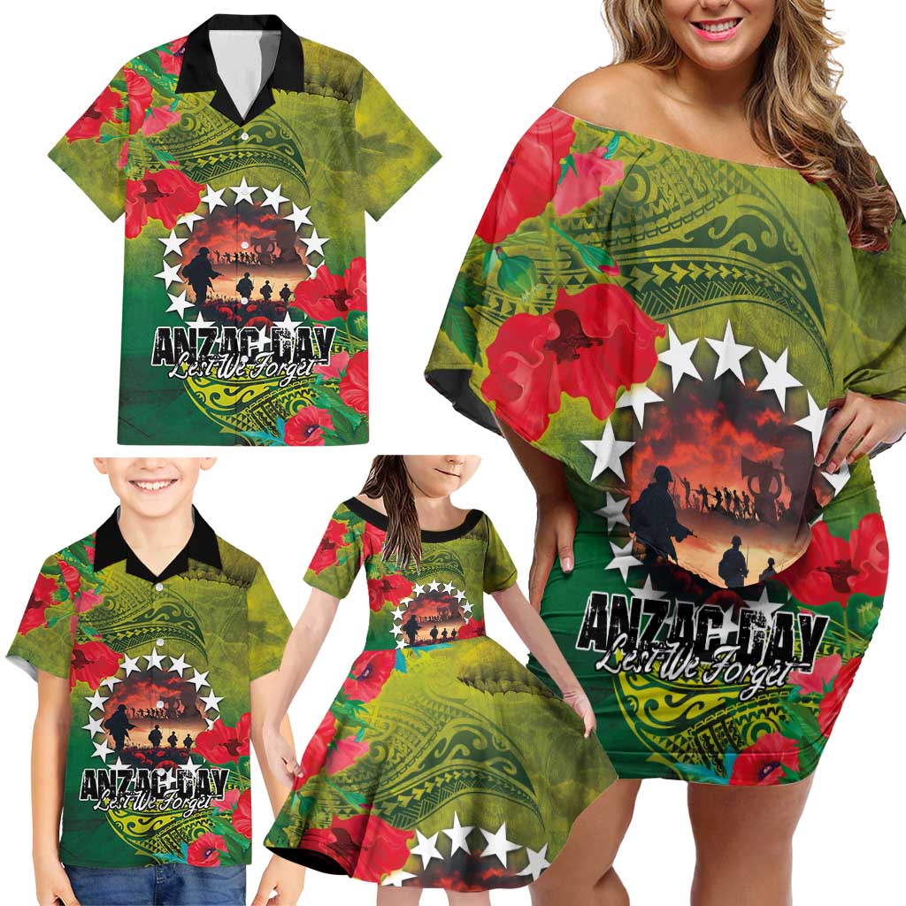 Cook Islands ANDAC Day Family Matching Off Shoulder Short Dress and Hawaiian Shirt Honor and Remember Soliders-Forever in My Thoughts Grunge Style