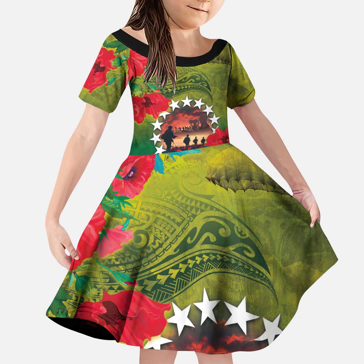 Cook Islands ANDAC Day Kid Short Sleeve Dress Honor and Remember Soliders-Forever in My Thoughts Grunge Style LT03 KID Green-Yellow - Polynesian Pride
