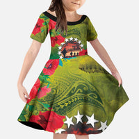 Cook Islands ANDAC Day Kid Short Sleeve Dress Honor and Remember Soliders-Forever in My Thoughts Grunge Style LT03 KID Green-Yellow - Polynesian Pride