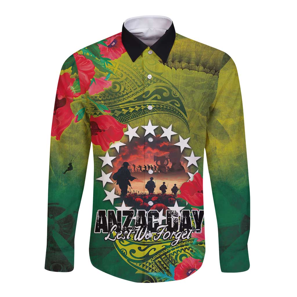 Cook Islands ANDAC Day Long Sleeve Button Shirt Honor and Remember Soliders-Forever in My Thoughts Grunge Style LT03 Unisex Green-Yellow - Polynesian Pride